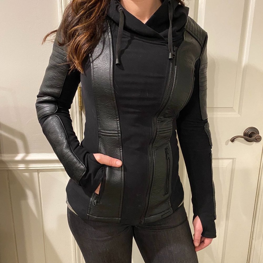Blanc Noir Asymmetrical Hooded Moto Jacket Small